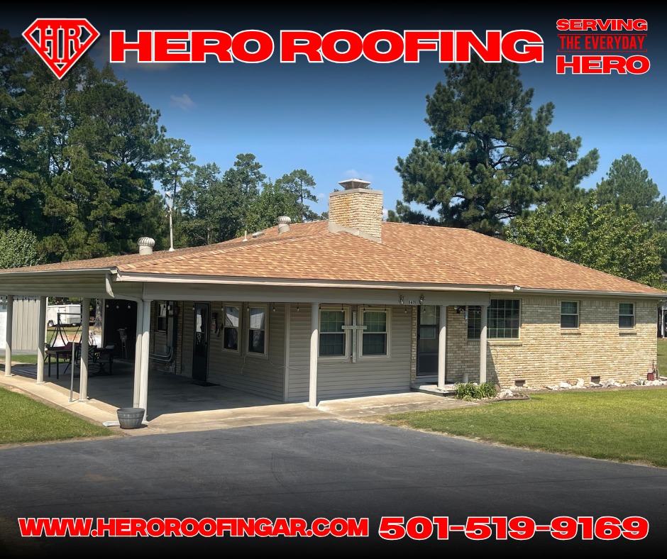 Completed asphalt shingle roof on a brick ranch home with a carport in Central Arkansas by Hero Roofing