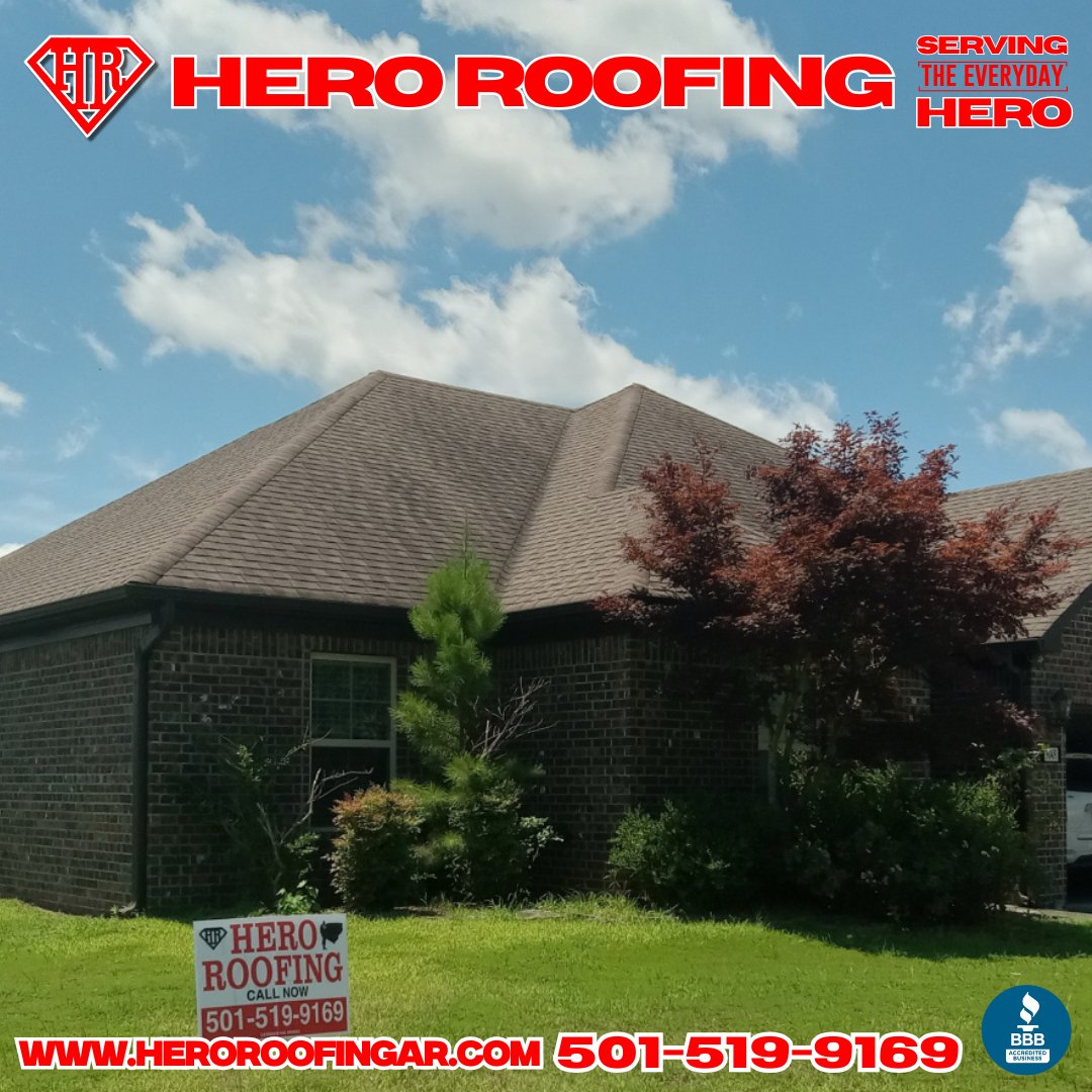 Completed roof replacement on a brick home in Central Arkansas — asphalt shingle roof by Hero Roofing