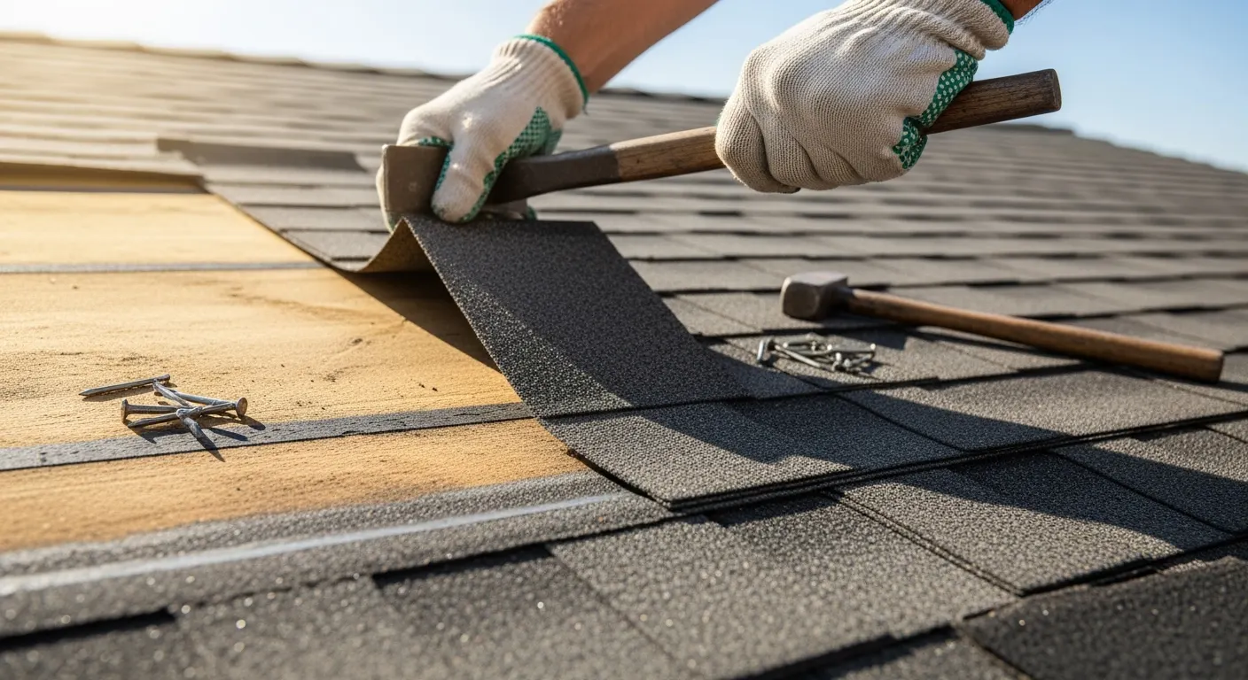 Aging asphalt shingle roof being inspected for replacement by Hero Roofing in Central Arkansas