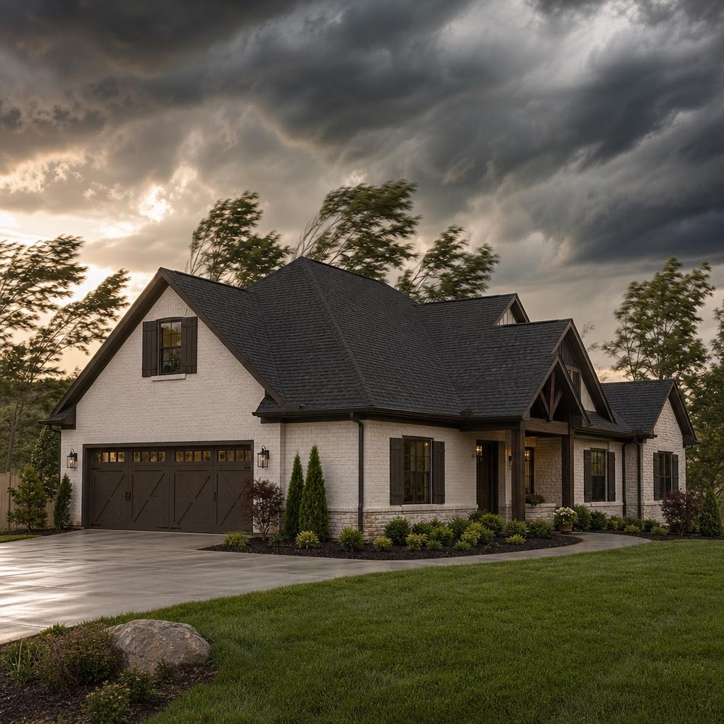 Dark asphalt shingle roof beneath dramatic wind-driven storm clouds